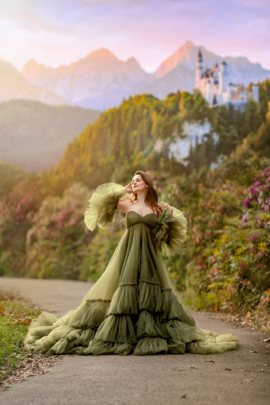 FOR HIRE / RENT tulle Maternity Photoshoot Event Dress " The Mistress" in Olive Green