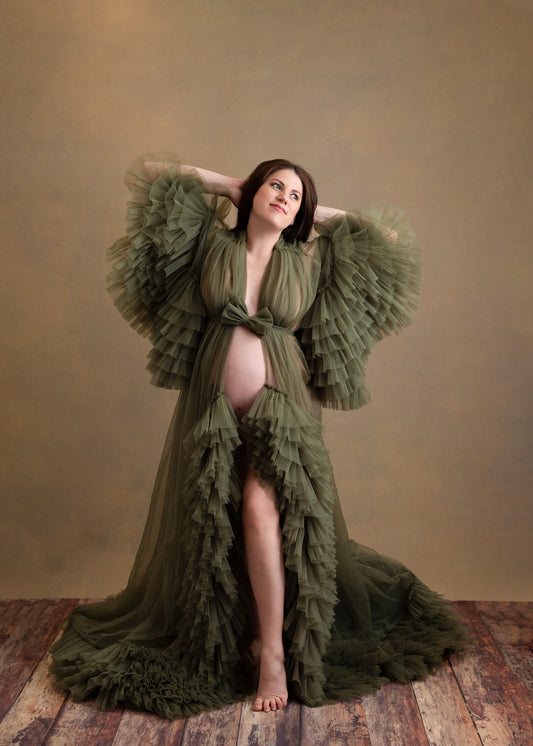 FOR HIRE / RENT tulle robe olive green Maternity Photoshoot Event Dress " The Queen "